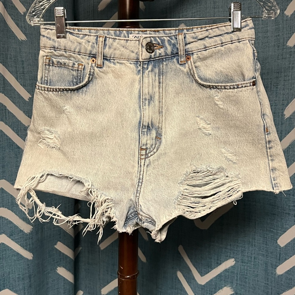 Zara Distressed Light Blue Denim Shorts